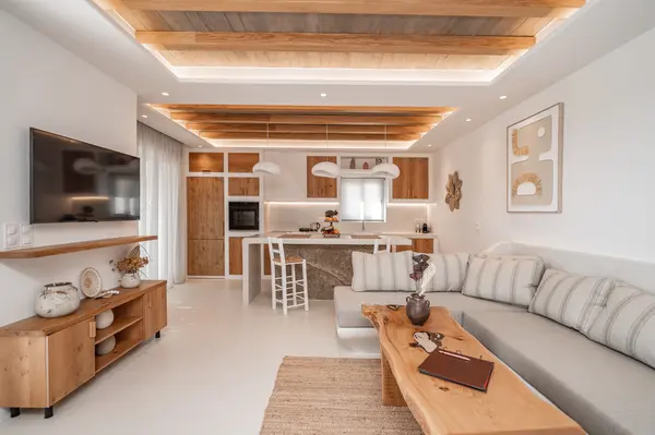 Open-plan living room and kitchen at Terra & Olive Villa in Naxos